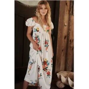 Free People Linda Lou Poplin Floral Maxi Dress with Puff Sleeves